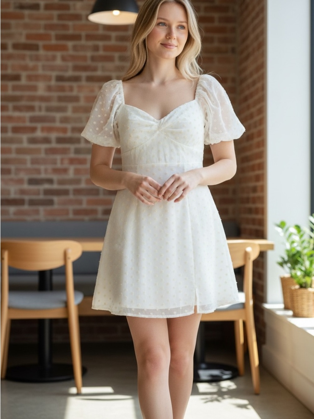 Cottagecore Embroidered Daisies Ivory Puff-Sleeve Sweetheart Mini Dress Medium‎